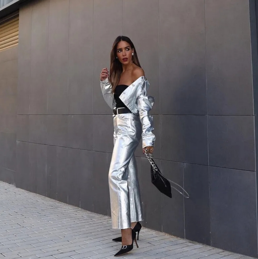 Zara Metallic High Rise Straight Cut Jeans - Picture 6 of 15